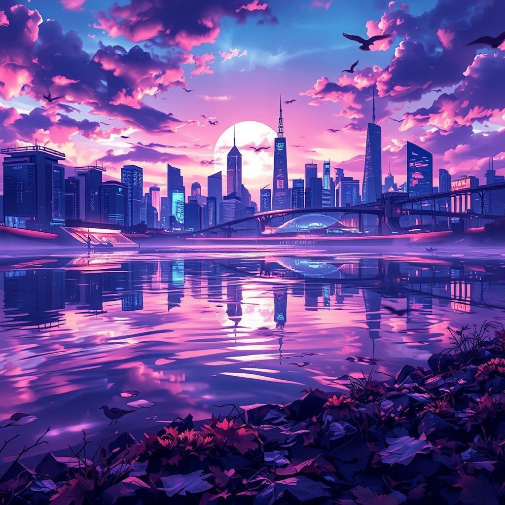 A breathtaking digital illustration of a futuristic cityscape at sunset, featuring a serene lake with neon lights reflecting off the water's surface and a distant city skyline.