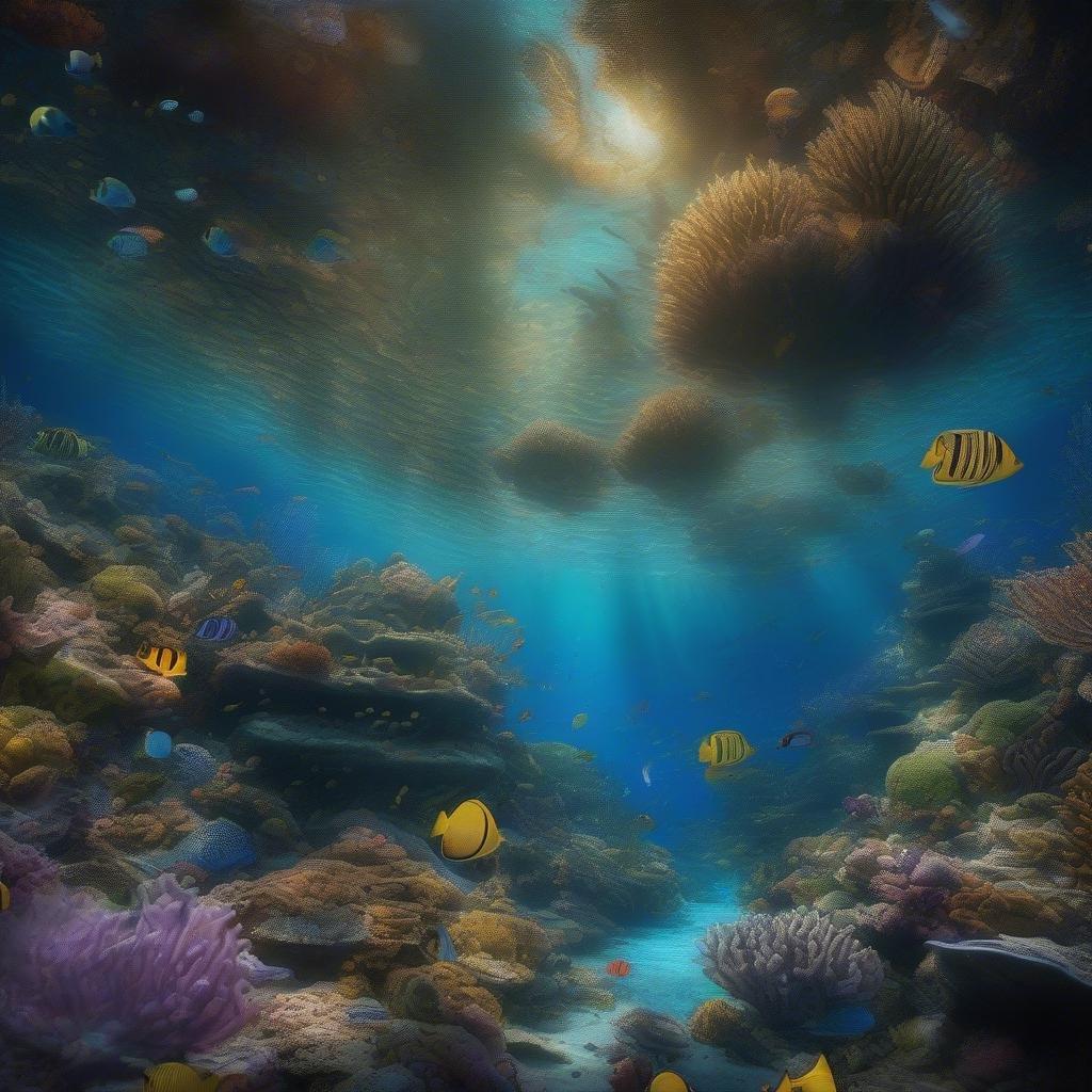 Explore the breathtaking beauty of an underwater coral garden, teeming with colorful marine life in this fantastical world.