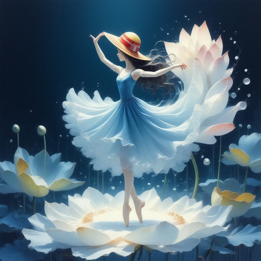 Step into a world of tranquility with this captivating anime wallpaper, where a graceful ballerina dances amidst the delicate petals of a giant lotus flower, set against a deep blue background that adds depth and mystery to this serene scene.