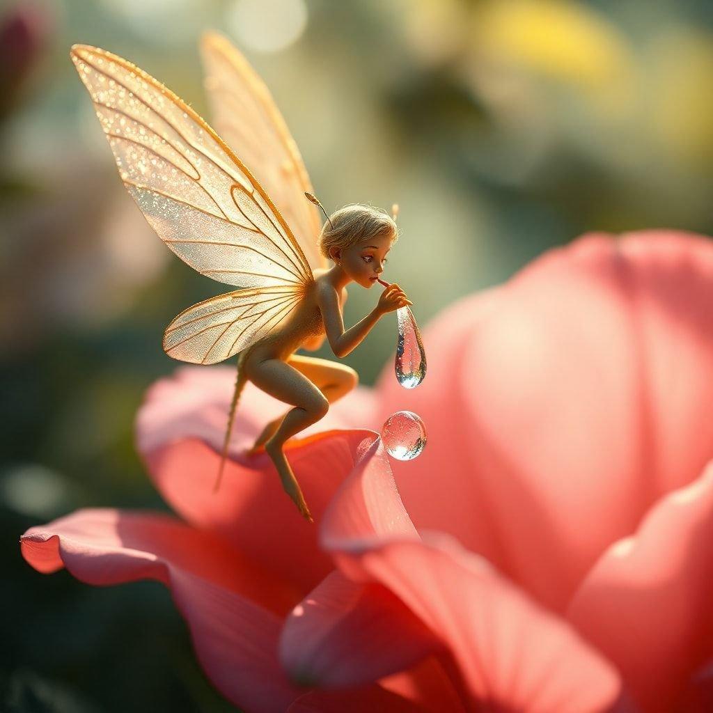 This enchanting wallpaper features a delicate fairy sipping water from a flower petal, set against a blurred background of pink flowers. The fairy's large, translucent wings and small, delicate dress add to the image's whimsical and dreamy atmosphere.