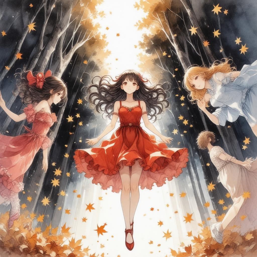 Step into a world of enchantment with this captivating anime wallpaper, where a group of girls float in mid-air amidst a backdrop of swirling autumn leaves.