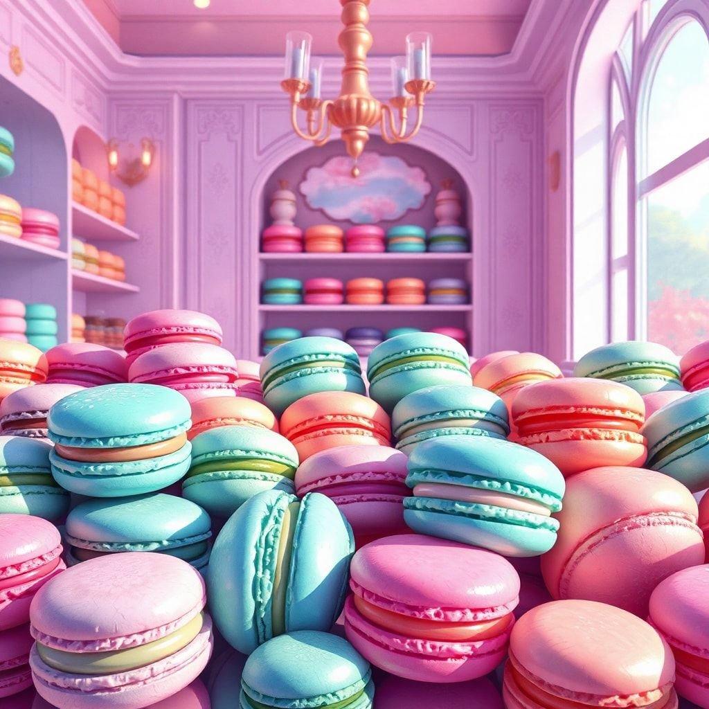 A mouth-watering display of colorful macarons in a quaint dessert shop.