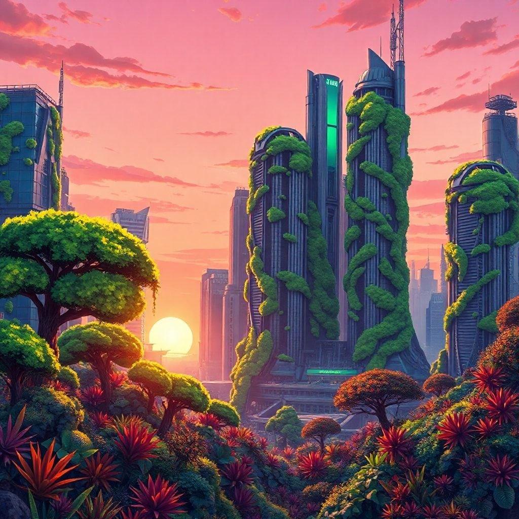 A vibrant digital illustration depicting a futuristic city at sunset. Tall buildings are coated in lush green moss, glowing under neon lights against the warm backdrop of a setting sun. The foreground is a colorful jungle teeming with life, adding an element of nature to this urban fantasy.