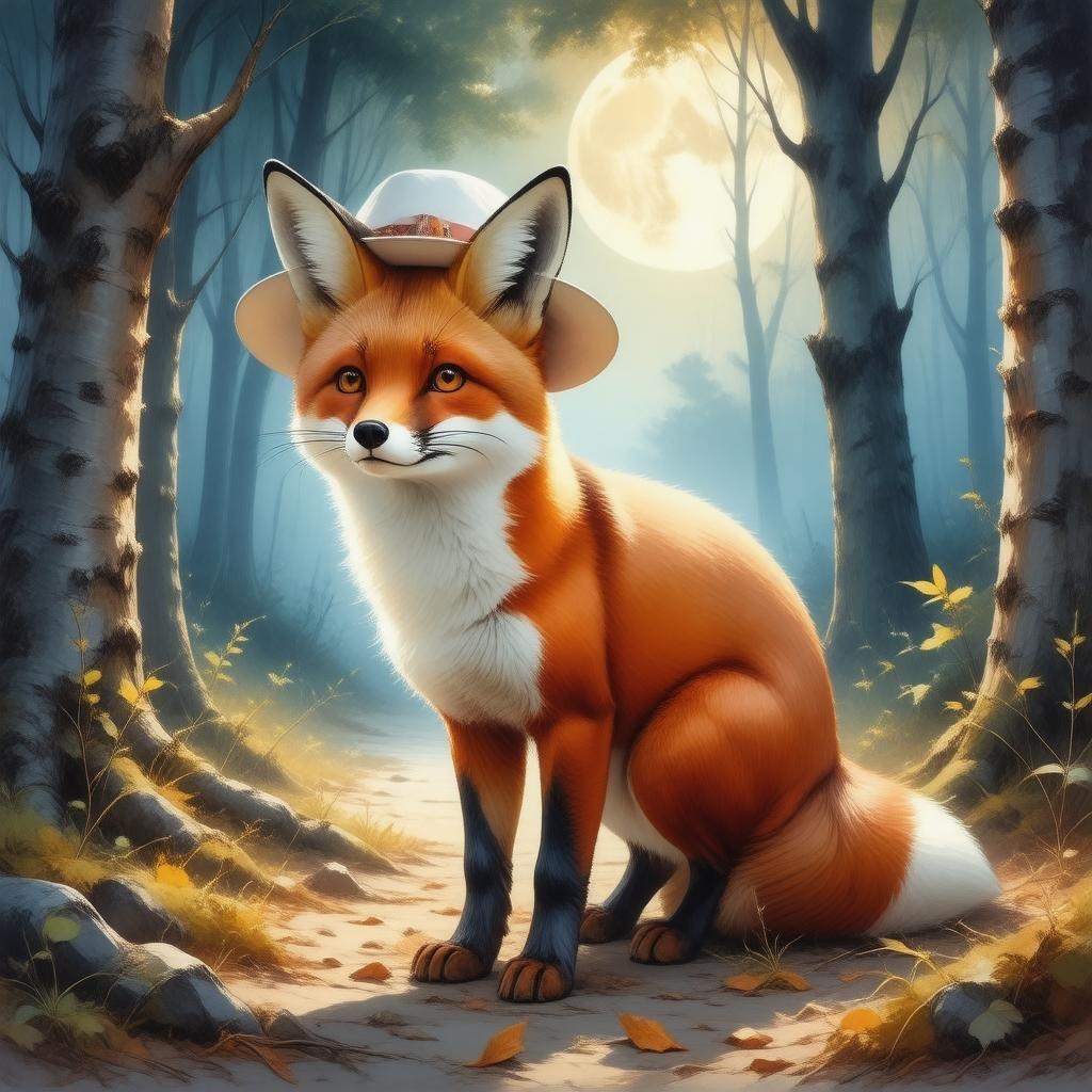 Immerse yourself in the serene beauty of an anime-style fox standing on a forest floor under a moonlit sky.