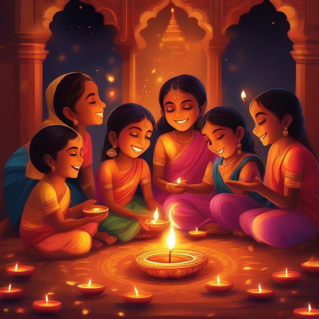 A family gathered around, enjoying the warmth of candlelight during the festive Diwali celebrations.