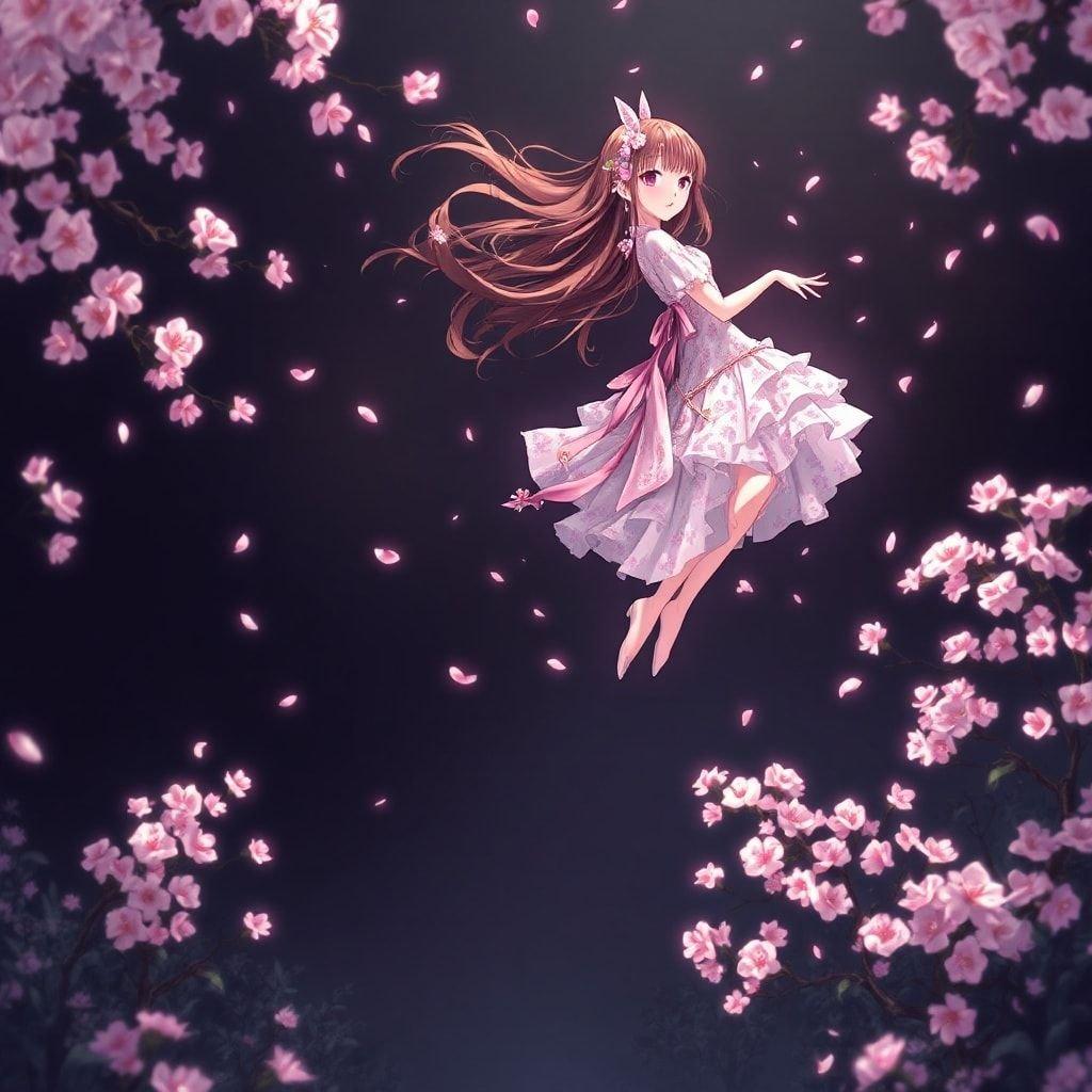 This captivating anime illustration features a mystical girl floating above a serene Japanese garden, surrounded by vibrant pink and white blossoms that contrast the dark background. Her long brown hair adds movement to the scene, creating a peaceful and harmonious blend of nature and anime.