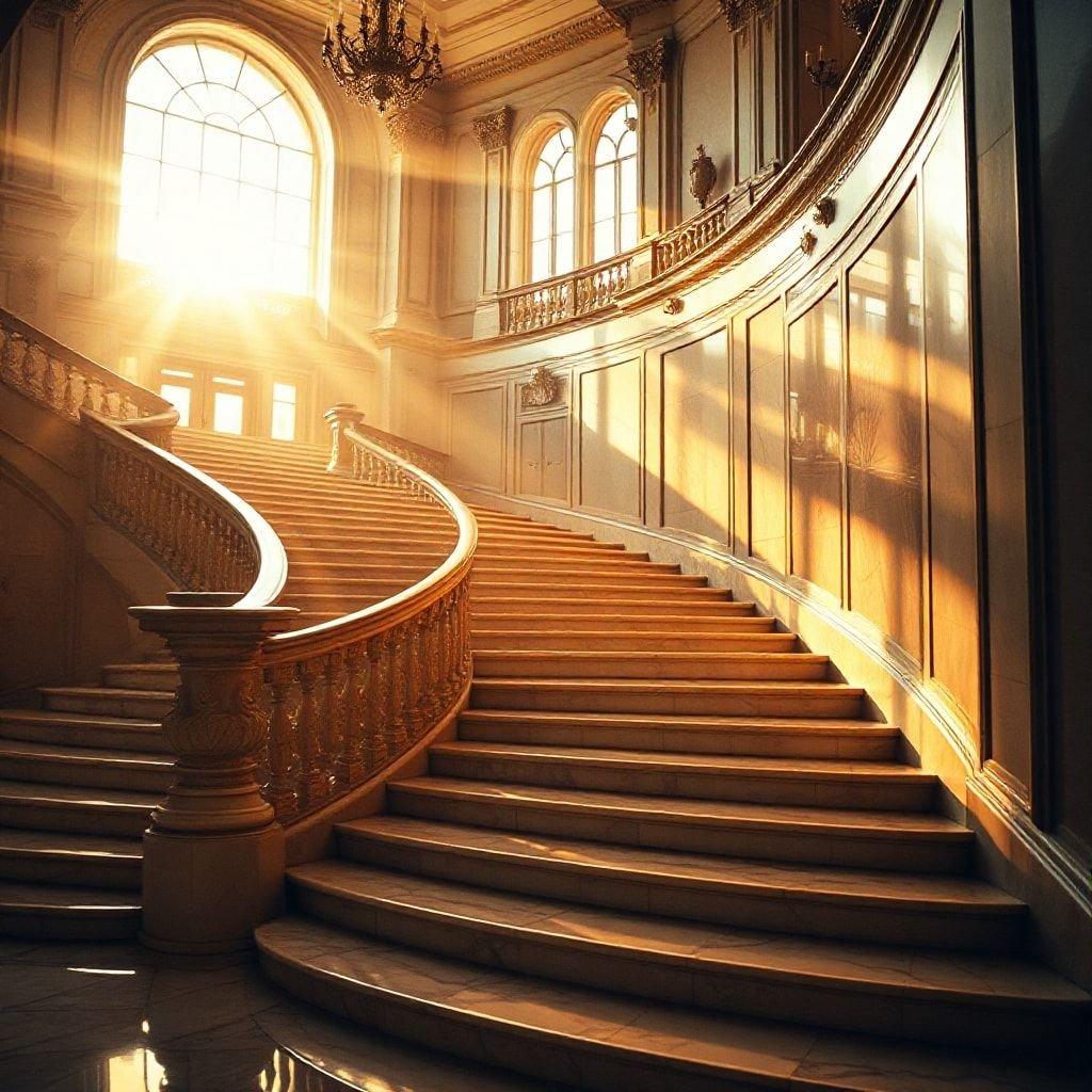 This staircase glows with the soft warmth of a sunrise, bathing the marble steps and the elegant railing in golden light. The rays filter through the windows above, casting an ethereal ambiance that makes one feel as if they are ascending to another world.