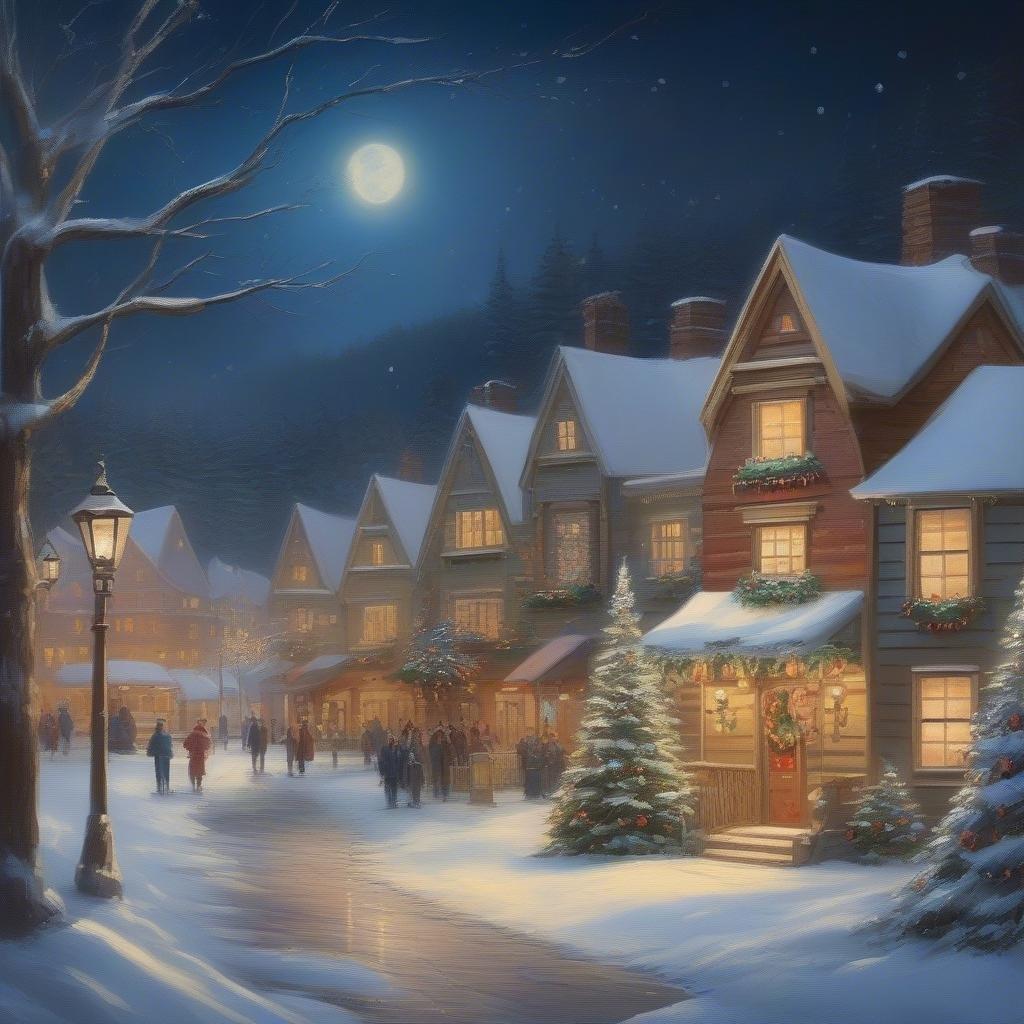 This festive winter wallpaper captures the magic of the season with a serene snowy street scene. The image features a snow-covered street with a few people walking and a large house with a Christmas tree in front of it. The sky is a deep blue with a full moon shining down, adding to the peaceful ambiance. The overall effect is one of tranquility and joy, making it the perfect wallpaper for the holiday season.