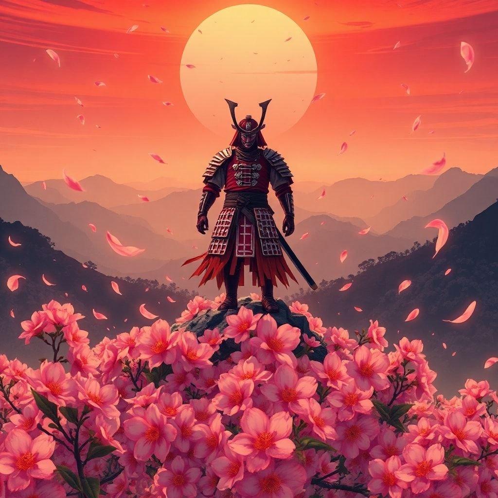 Embrace the dawn with this striking anime-style wallpaper. A samurai stands as a beacon of strength and honor on a mountain peak, encircled by a swirl of cherry blossom petals that add to the serene beauty. The foreground is alive with the colorful blooms of pink and orange flowers, while the background reveals a dark forest filled with mystery and intrigue.