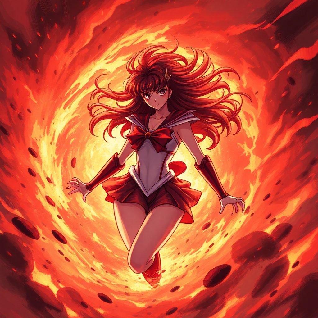 This anime wallpaper features Sailor Mars, a popular character from the Sailor Moon series. The image showcases her powerful and confident pose, surrounded by a fiery aura that reflects her fiery personality. The vibrant colors and dynamic composition make this wallpaper a great addition to any fan's collection.