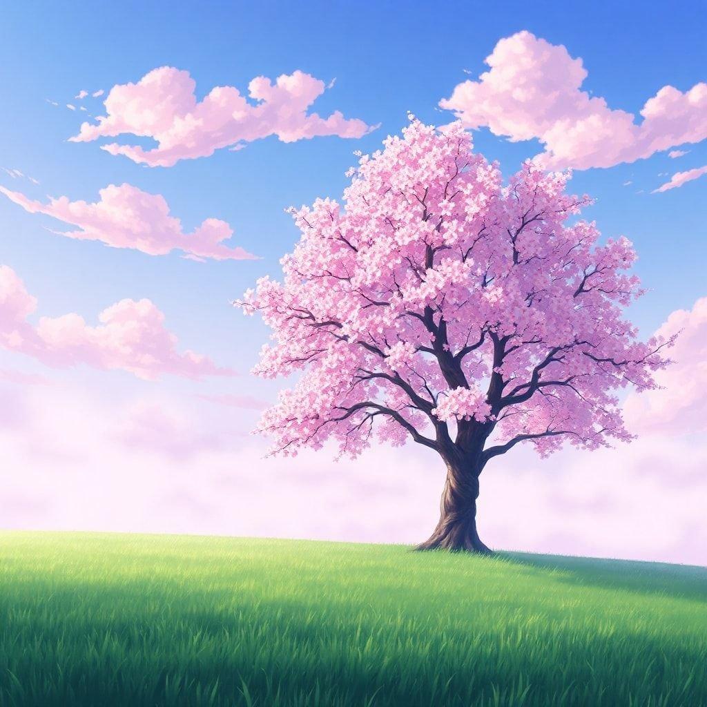 Un'illustrazione in stile anime serena di un maestoso albero di ciliegio, con fiori rosa vivaci, ambientata su uno sfondo di mattina nebbiosa, con un cielo blu e viola e morbide nuvole rosa, e un campo verde lussureggiante in primo piano.