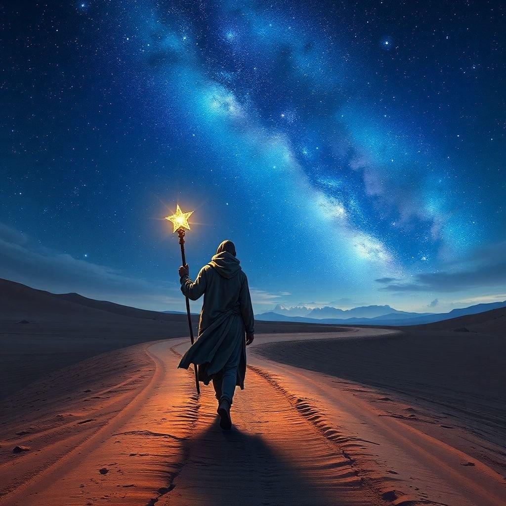 Embark on a cosmic adventure with your trusted companion through the desert night.