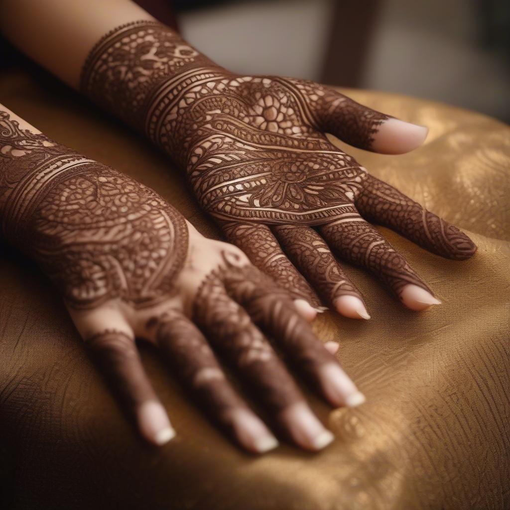 This stunning wallpaper showcases a traditional mehndi design on a woman's hands, perfect for desktop and mobile use. The intricate henna patterns and cultural significance make it a beautiful representation of cultural heritage.