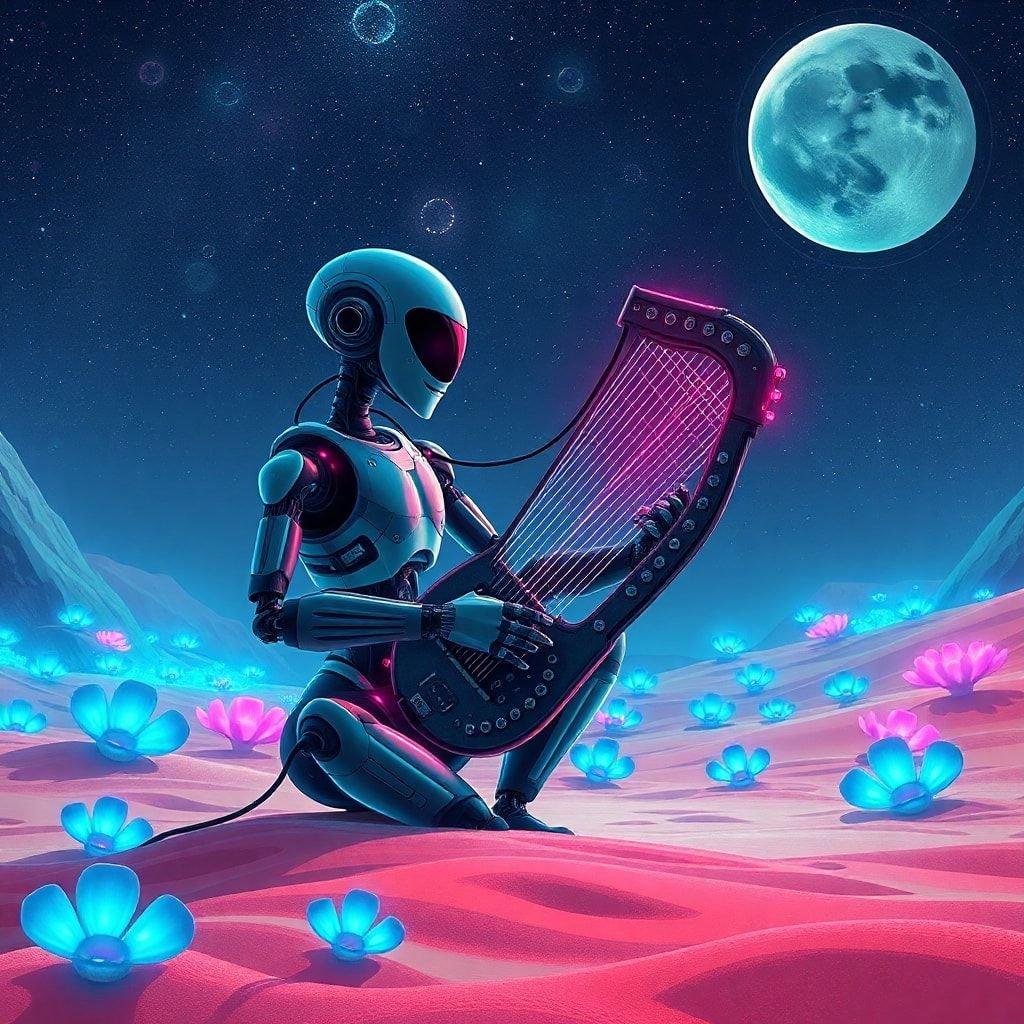 A cybernetic musician in the cosmos, serenading the universe with digital melodies. This artistic wallpaper brings a futuristic touch to your desktop or mobile.