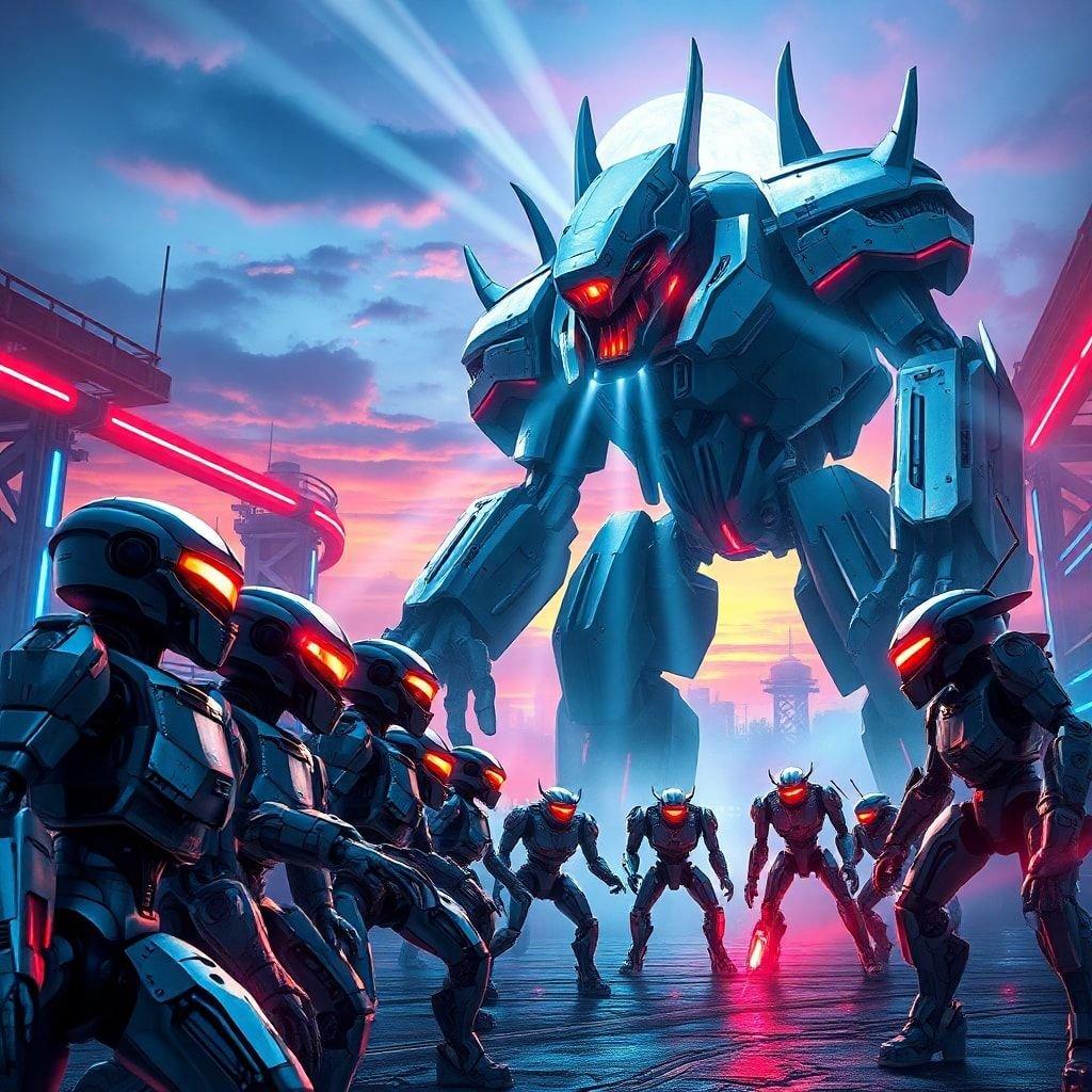 The battle between humans and machines reaches its peak in this futuristic fantasy. A team of heavily armored suits clad in advanced robotic bodies confront a mechanical dragon, the pinnacle of their creators' craft.