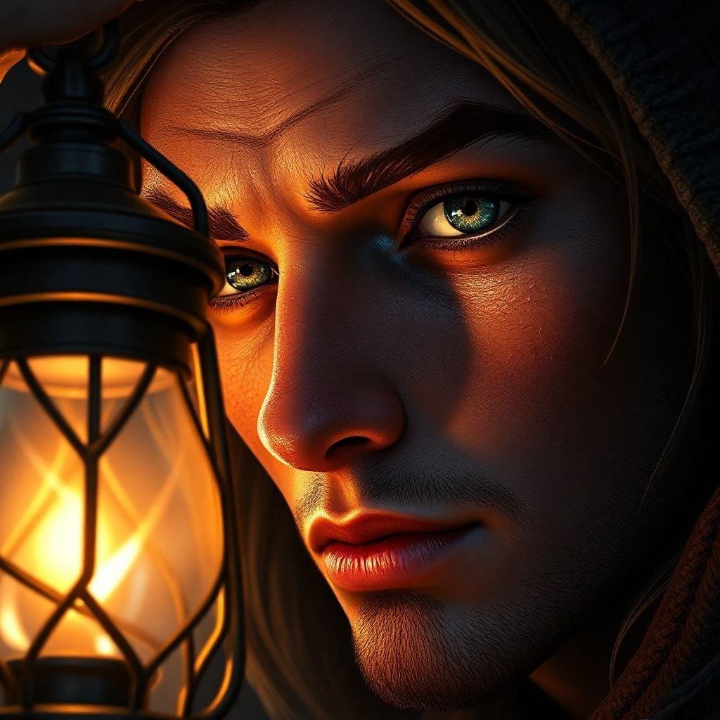 A poised adventurer gazes into the darkness, holding a flickering lantern that casts an enigmatic glow upon his face. The world around him is shrouded in mystery, evoking a sense of intrigue and anticipation.