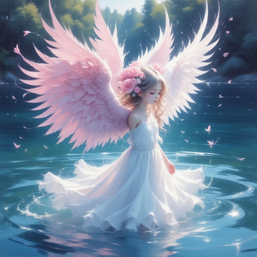 Immerse yourself in the serene beauty of this anime-inspired wallpaper, featuring a young girl with angelic wings floating above a tranquil lake.