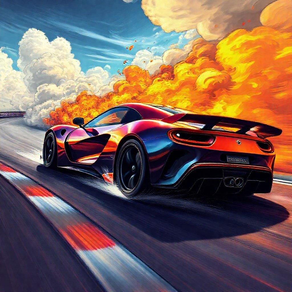 This stunning wallpaper features a sleek, high-performance race car speeding down a track, surrounded by a backdrop of a dramatic sky with clouds and a sunset.