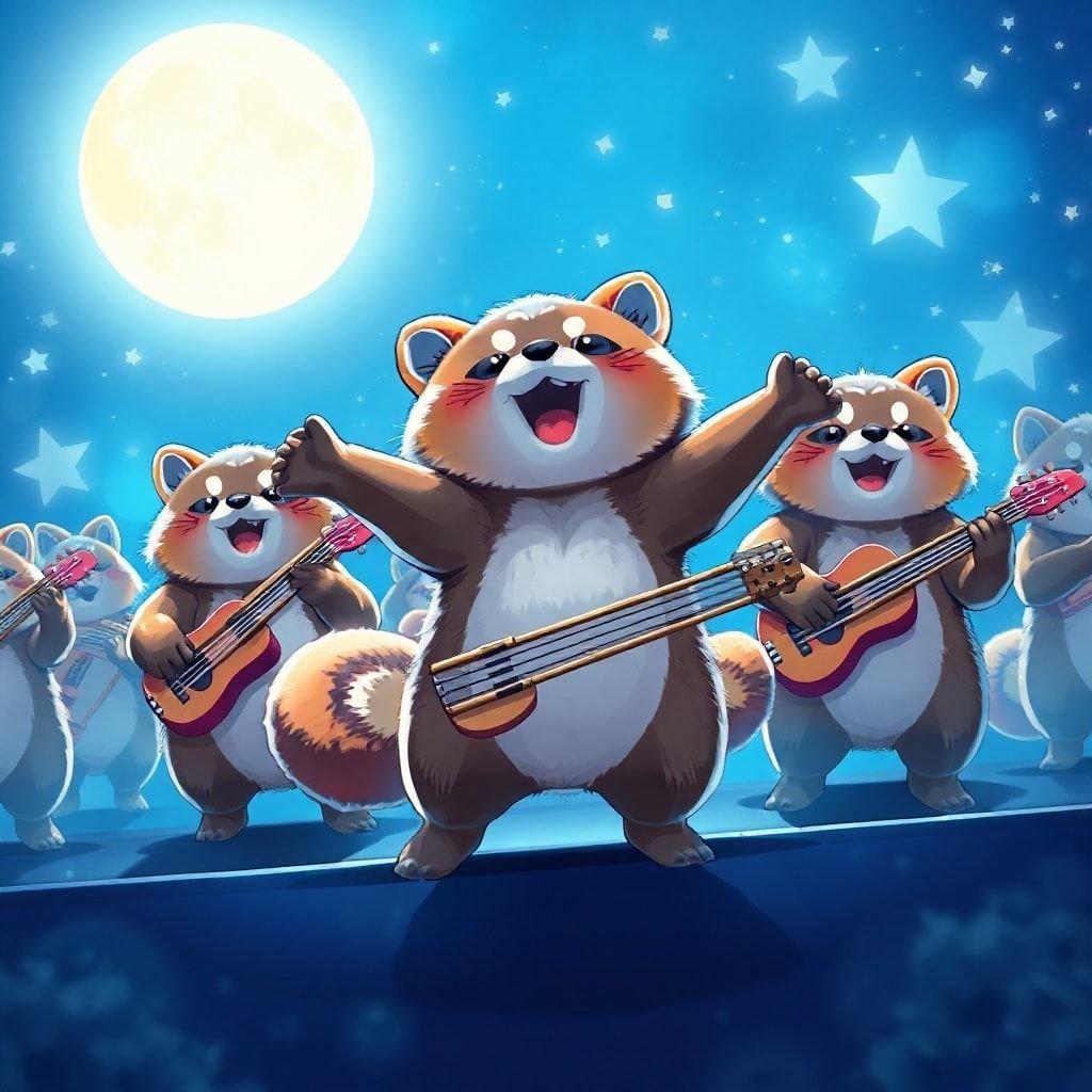 Yıldızlı gece gökyüzünün altında performans sergileyen bir grup tanuki müzisyeni içeren canlı bir animasyon sahnesi. Ortada bulunan tanuki, kollarını geniş açmış ve enerjik bir pozda bacaklarını uzatmış bir şekilde grubu yönetiyor. Dolunay parlak bir ışık saçarak, fantastik atmosfere katkıda bulunuyor.