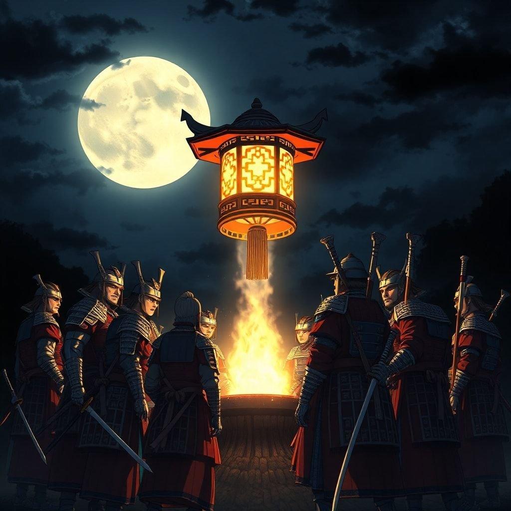 Questa illustrazione in stile anime presenta un gruppo di guerrieri samurai in piedi attorno a una lanterna luminosa, creando un'atmosfera drammatica e misteriosa.