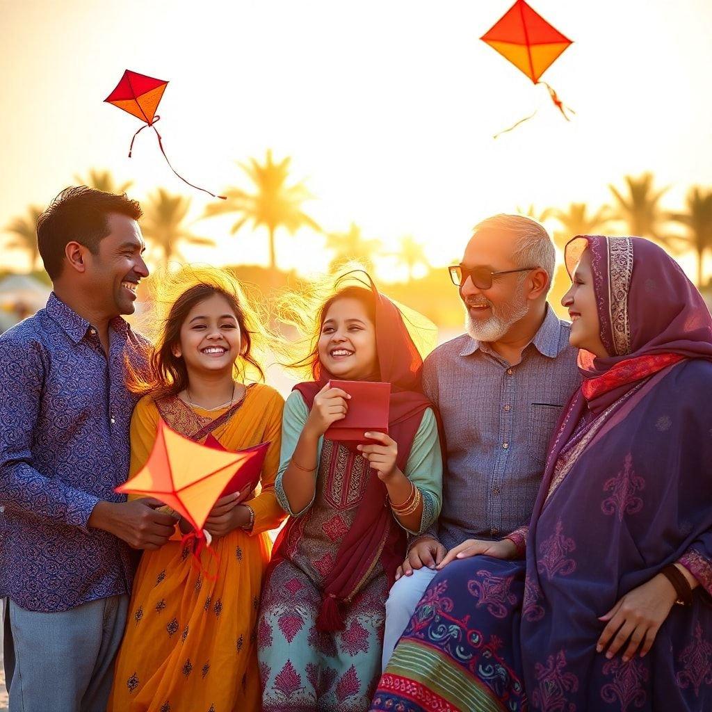 A family enjoying the tradition of kite flying together during Ramadan or Eid celebrations, sharing joy and happiness in a warm tropical setting.