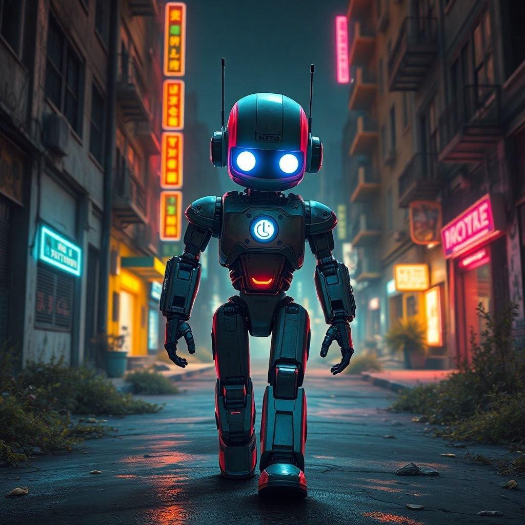 In a bustling metropolis, this futuristic robot navigates the urban landscape, its glowing eyes reflecting neon lights. The city is alive with activity as dusk falls and artificial lights take over. In the background, towering buildings reach for the sky under the darkening sky. Is it just a passerby or a guardian of the city?