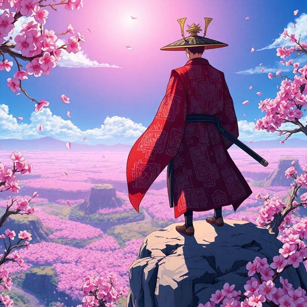 Tauchen Sie ein in die ruhige Schönheit einer von Anime inspirierten Landschaft, in der ein Samurai-Krieger auf einer Klippe steht und auf ein atemberaubendes Tal blickt, das mit lebhaften Kirschblüten bedeckt ist. Der auffällige rot-weiße gemusterte Umhang des Kriegers, kombiniert mit einem eleganten schwarzen Outfit, verleiht der Szene einen Hauch von Fantasie. Vor dem Hintergrund eines tiefblauen Himmels transportiert dieses fesselnde Bild Sie in eine Welt der Fantasie und des Staunens.