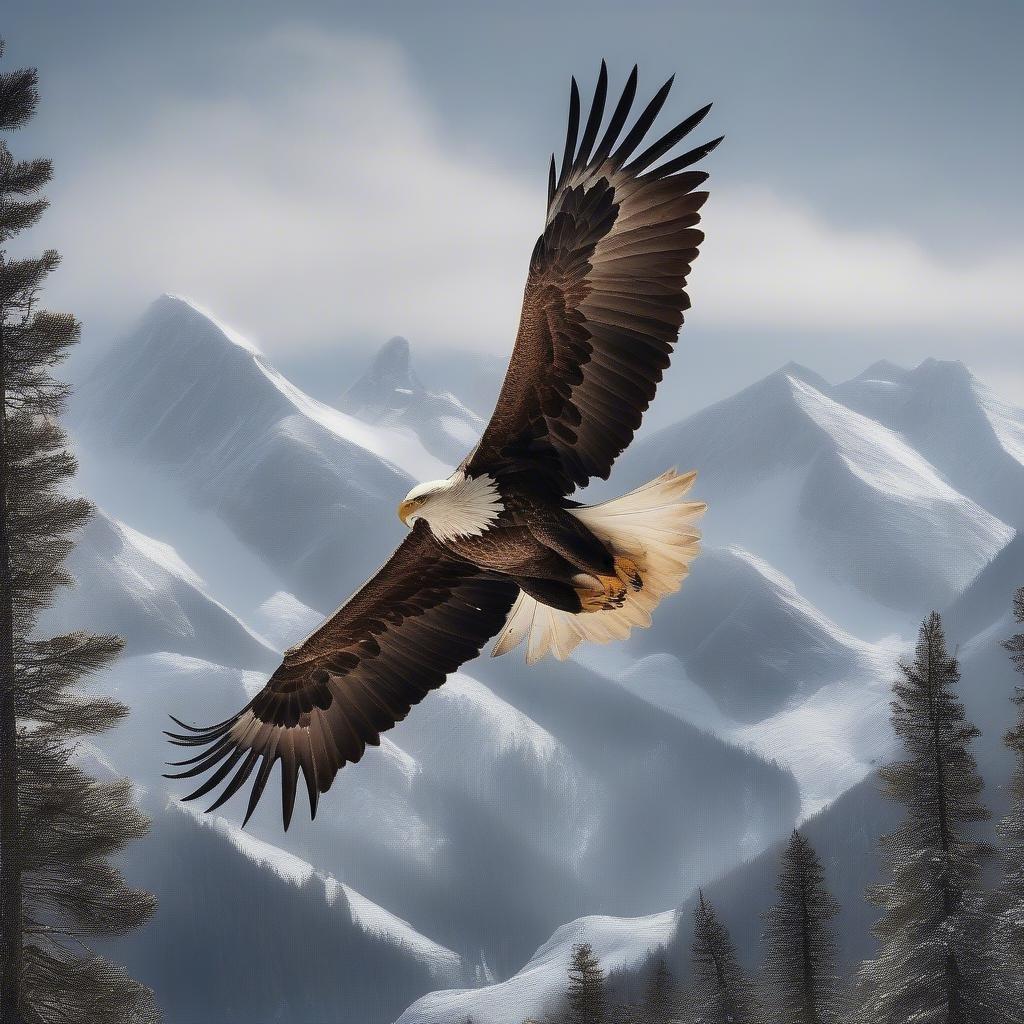 This majestic bird of prey is captured mid-flight against the backdrop of snowy mountains, showcasing its strength and grace.