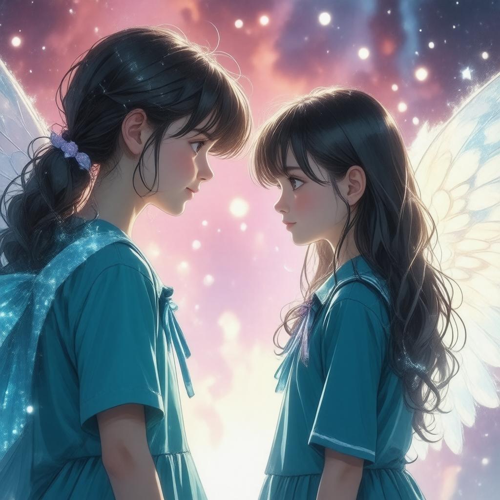 This captivating anime illustration features two girls standing in front of a magical background. The shy high-school girl, dressed in blue and green, has an intense gaze directed at the viewer, while her long brown hair adds movement. The magical girl with sparkling wings adds a touch of magic to the scene.