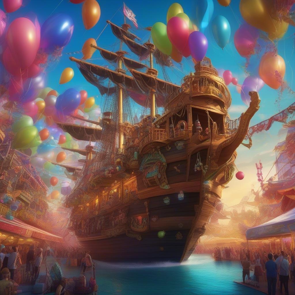 En glad scen från en karneval, med ett piratskepp med livliga dekorationer och svävande ballonger. Folk njuter av den festliga atmosfären under en klarblå himmel.