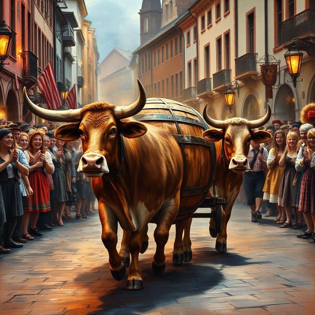 A lively scene from Oktoberfest, where two bulls pull a cart through the streets while spectators cheer on their journey.