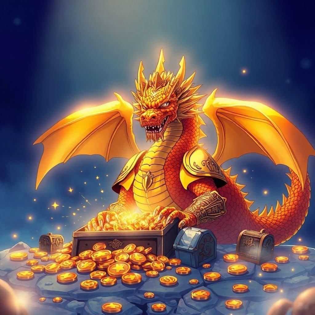 A majestic anime dragon stands guard over a hoard of gold coins, ready to protect its precious treasures. The detailed artwork captures the essence of fantasy and adventure in a stunning desktop wallpaper.