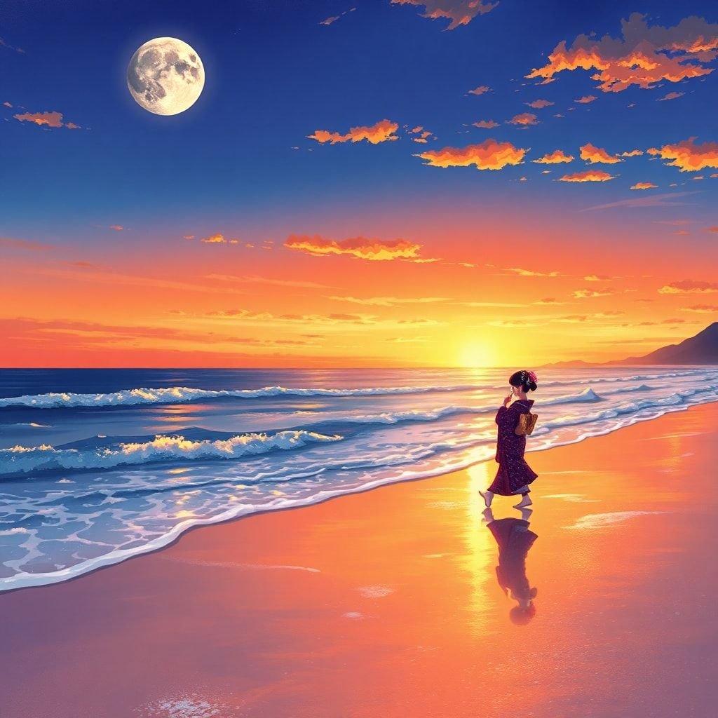 A serene and captivating anime-style sunset beach scene featuring a lone geisha walking along the shoreline, with the moon casting a soft glow on the water.