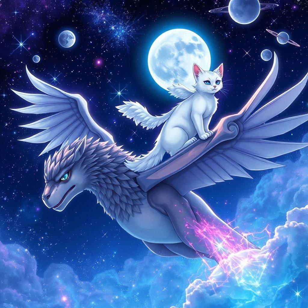 Sumérgete en un mundo de fantasía con este impresionante fondo de pantalla de anime, que presenta un majestuoso gato blanco montando la espalda de una criatura gigante con alas bajo un cielo estrellado.