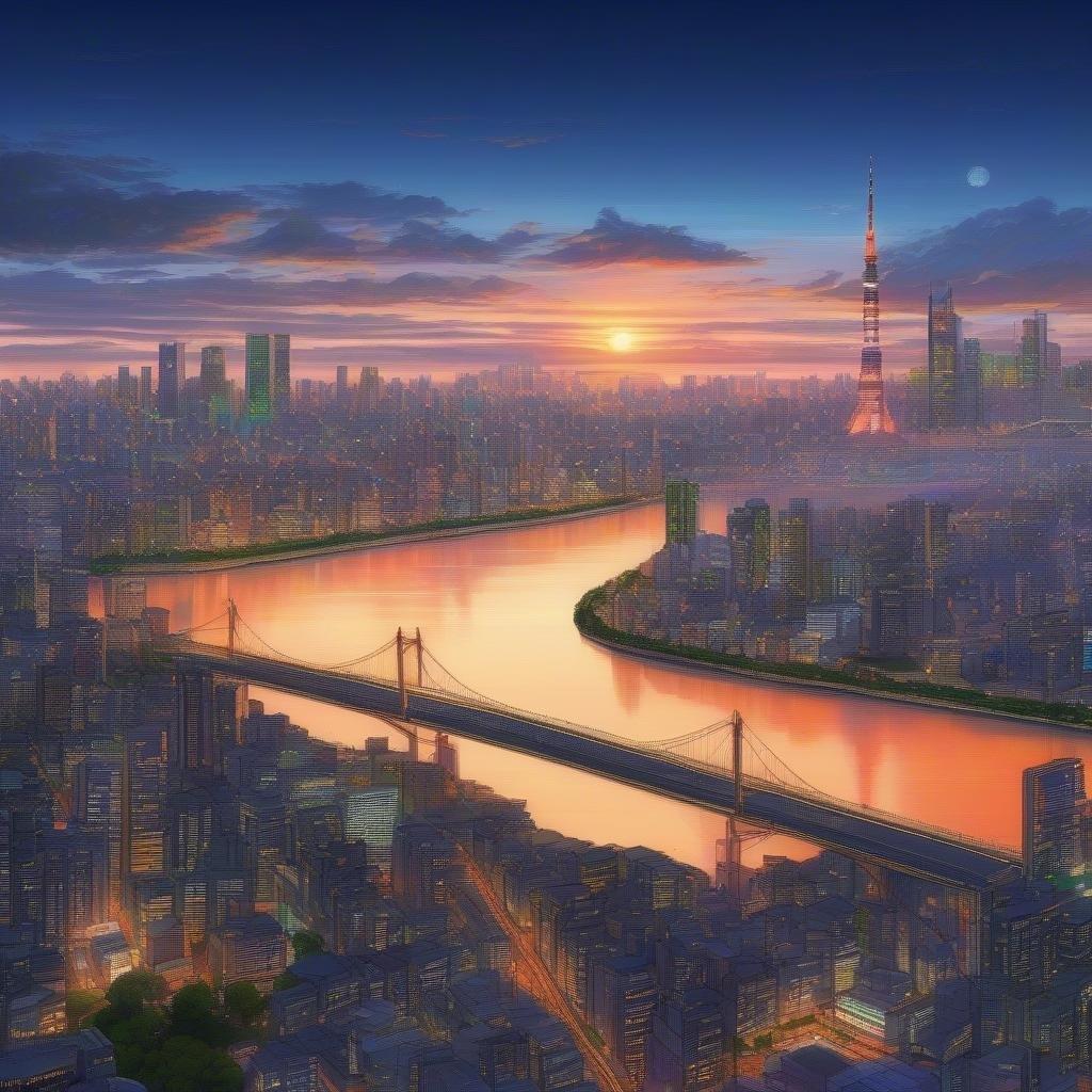 Oplev den betagende skønhed af en Tokyos bylandskab ved solnedgang i denne fantastiske anime-illustration. Den livlige, farverige by med tårnhøje bygninger og en flod i forgrunden står i kontrast til den travle storby med en mængde små lys i baggrunden, hvilket skaber et øjeblik af ro og stilhed, mens den varme glød fra den nedgående sol kaster en magisk fortryllelse.