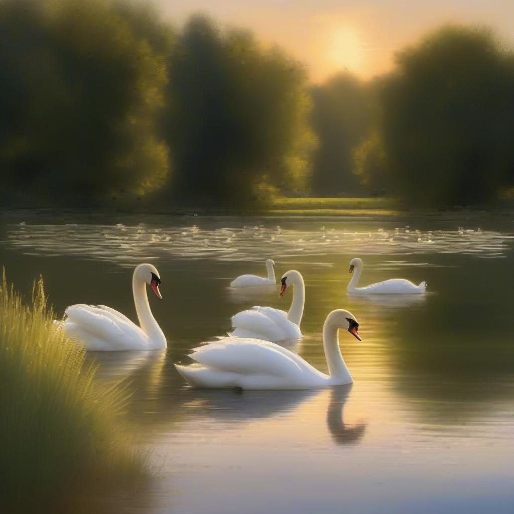 A serene evening scene by a pond where several elegant swans gracefully float on the tranquil water. The warm hues of sunset cast a peaceful glow over the landscape, making it an idyllic desktop background for relaxation and calm.