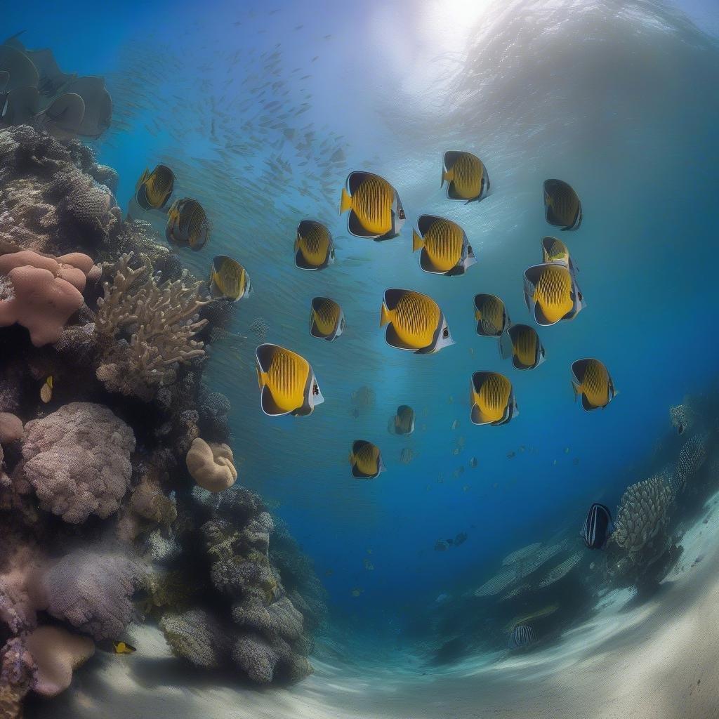 This stunning image captures the beauty of an underwater coral reef, teeming with life and color. The vibrant coral formations and diverse marine life create a breathtaking scene that showcases the wonders of the ocean.