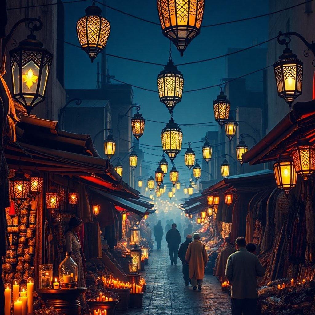 A bustling night market with various vendors, lit by warm glowing lanterns against the backdrop of an urban skyline.