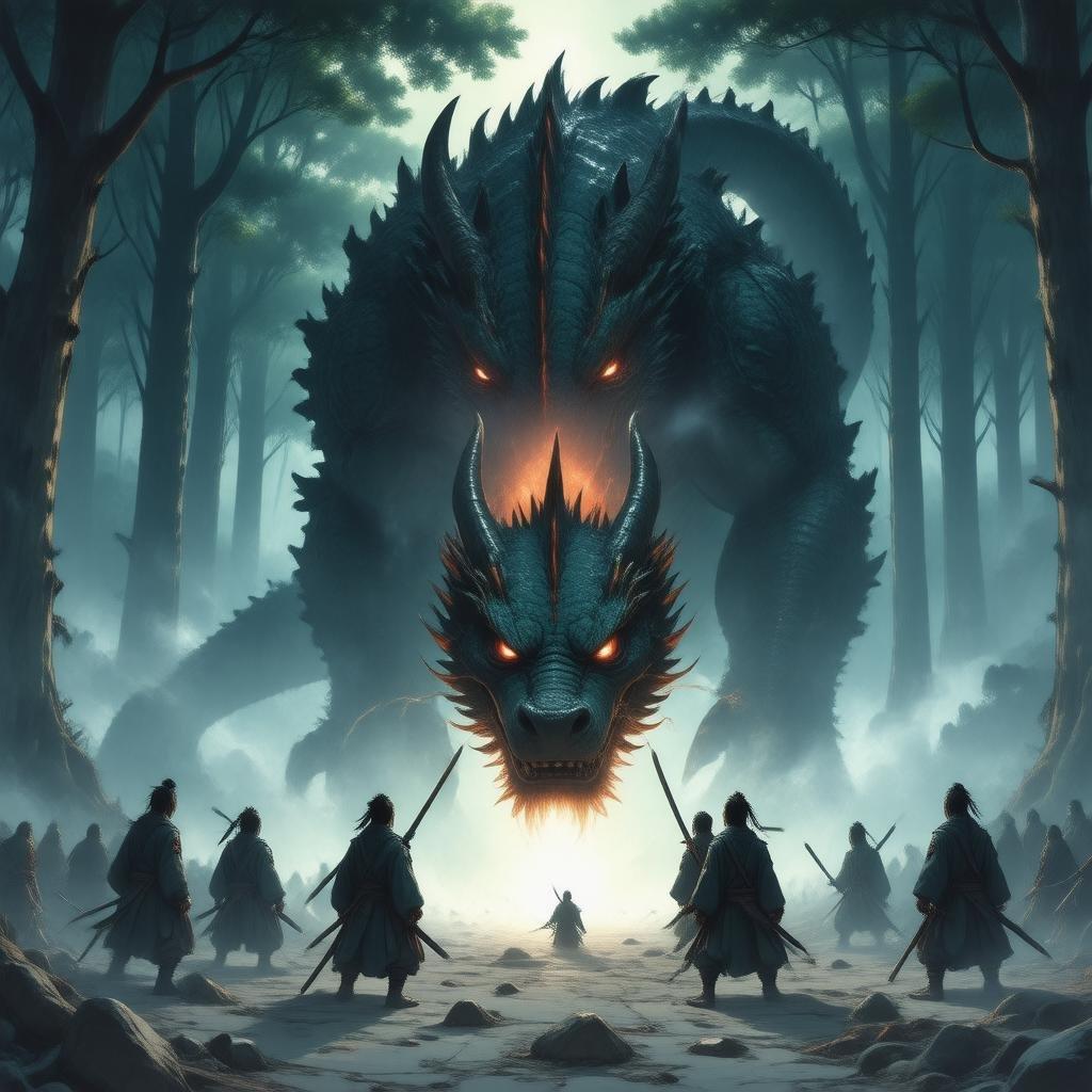 Diese Anime-Illustration zeigt eine Gruppe von Ninja-Kriegern, die sich um einen kleinen, schläfrigen Drachen versammelt haben, mit komplizierten Mustern und einem leuchtend roten Kopf. Der Hintergrund ist ein nebliger Wald mit hohen Bäumen und einer hellen Lichtquelle, die eine Anime-ähnliche Atmosphäre schafft.