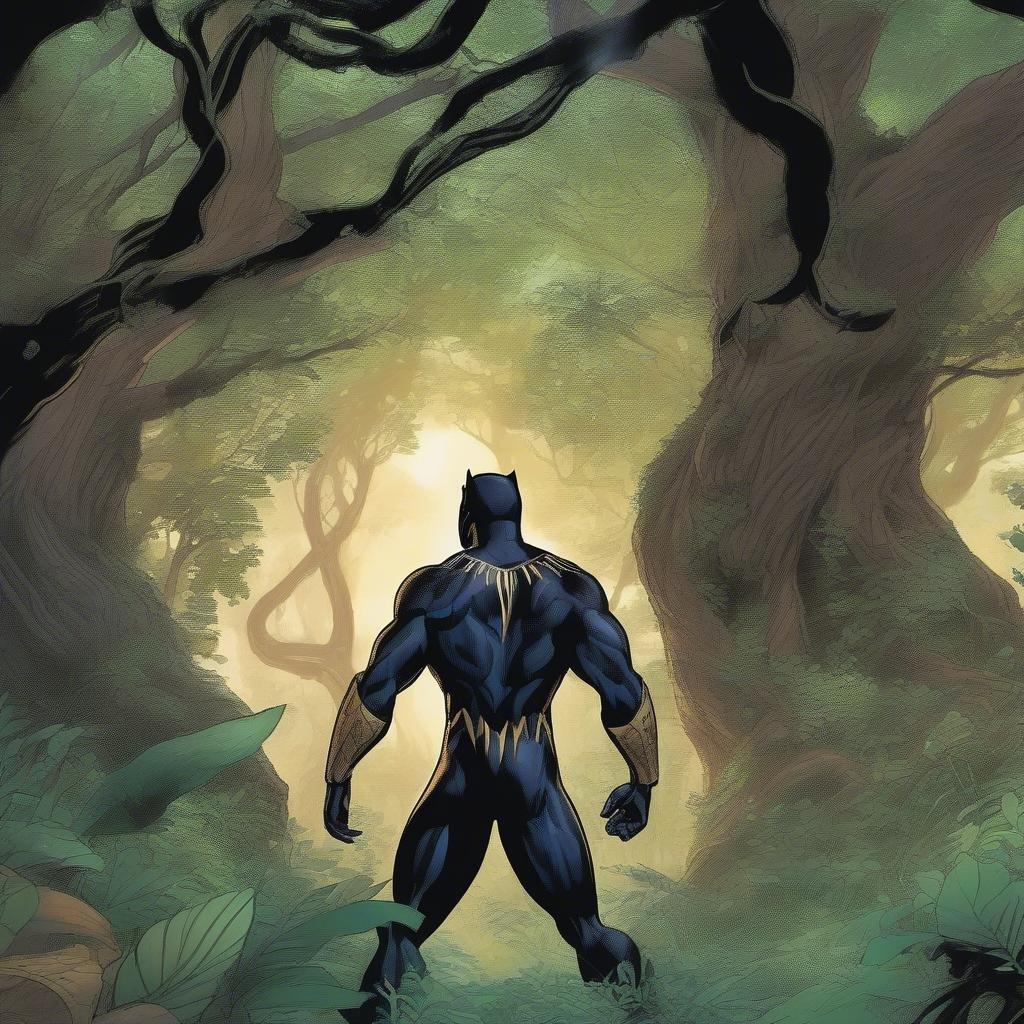 Explore the majestic African landscape that serves as the powerful kingdom in the Black Panther comics. Witness the strength and determination of T'Channa, also known as the Black Panther, standing amidst the lush trees and the light glowing in the distance.