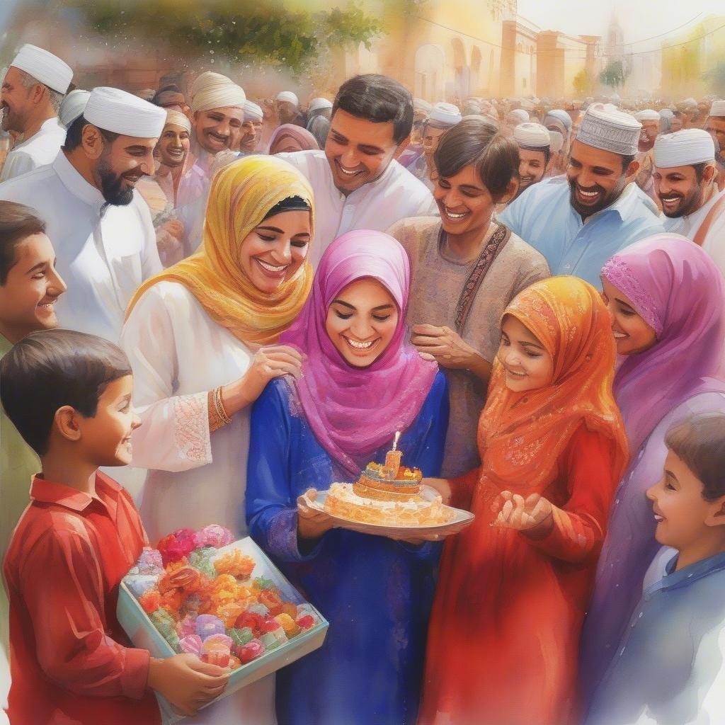 A warm, lively scene of family and friends gathered together to celebrate the joy of Eid. The happiness is palpable as they share in the festivities.