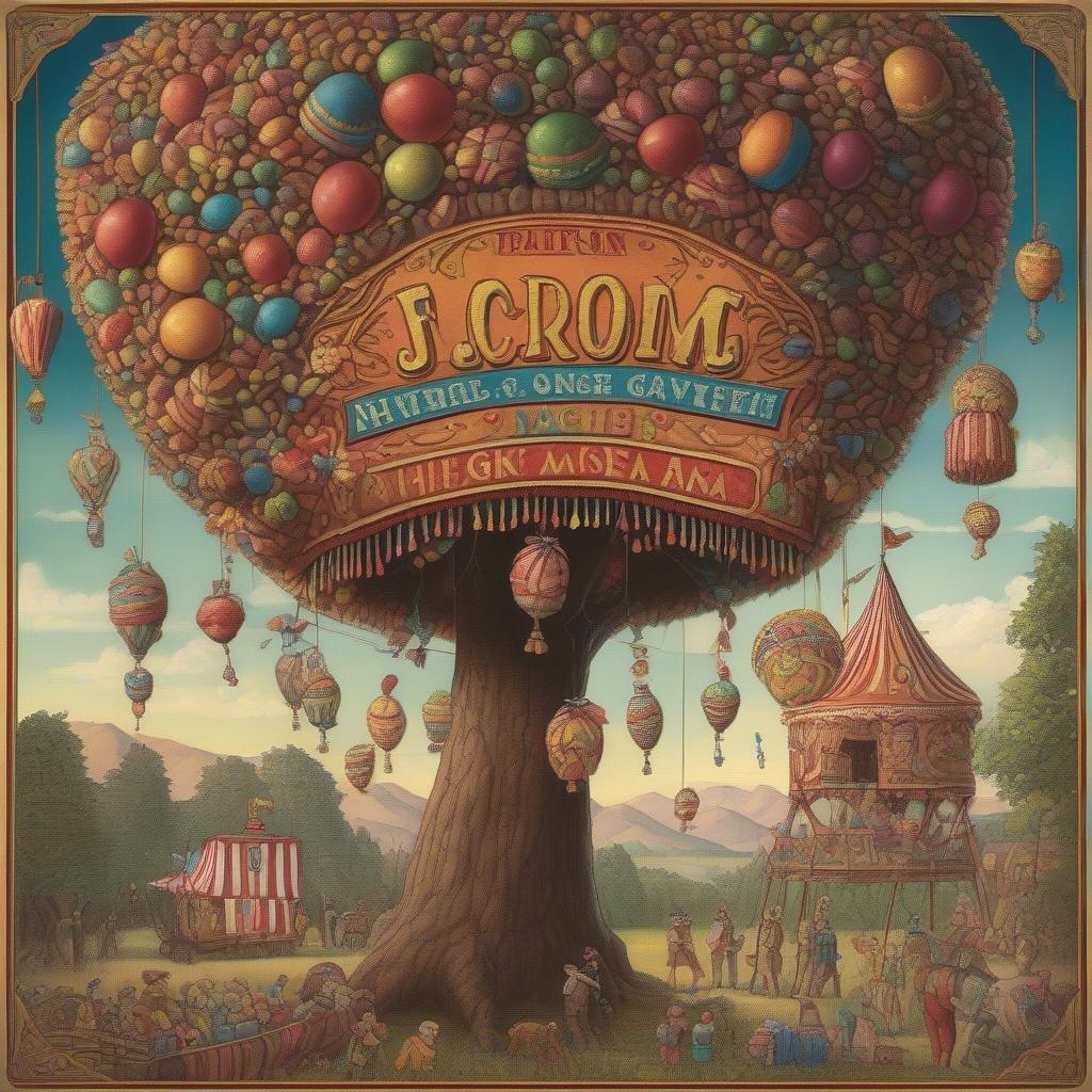 A whimsical carnival scene with colorful hot air balloons flying high above a lush tree, creating an atmosphere of joy and excitement.