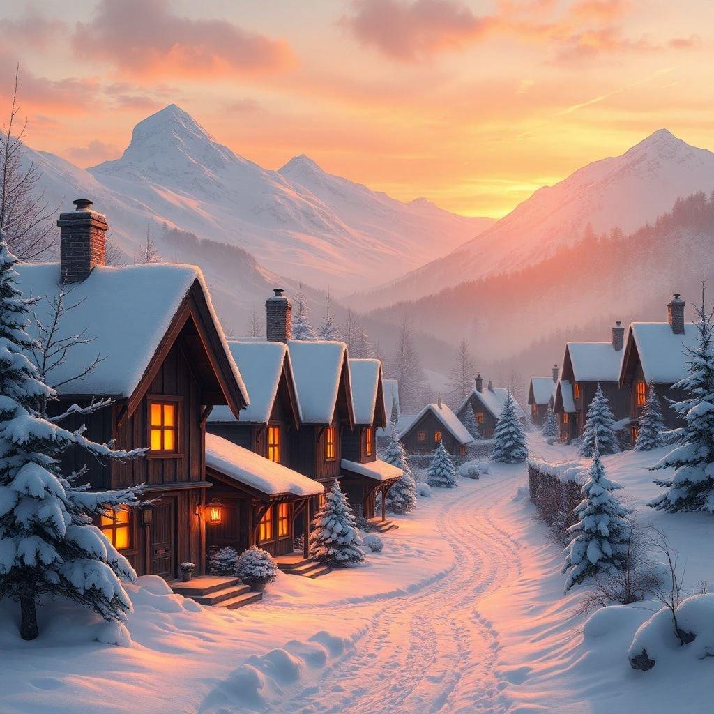 Escape to a serene winter wonderland with this stunning wallpaper. The snow-covered houses and trees create a peaceful atmosphere, perfect for the festive season. This image is ideal for those who love the beauty of winter and want to bring a touch of it to their digital devices.