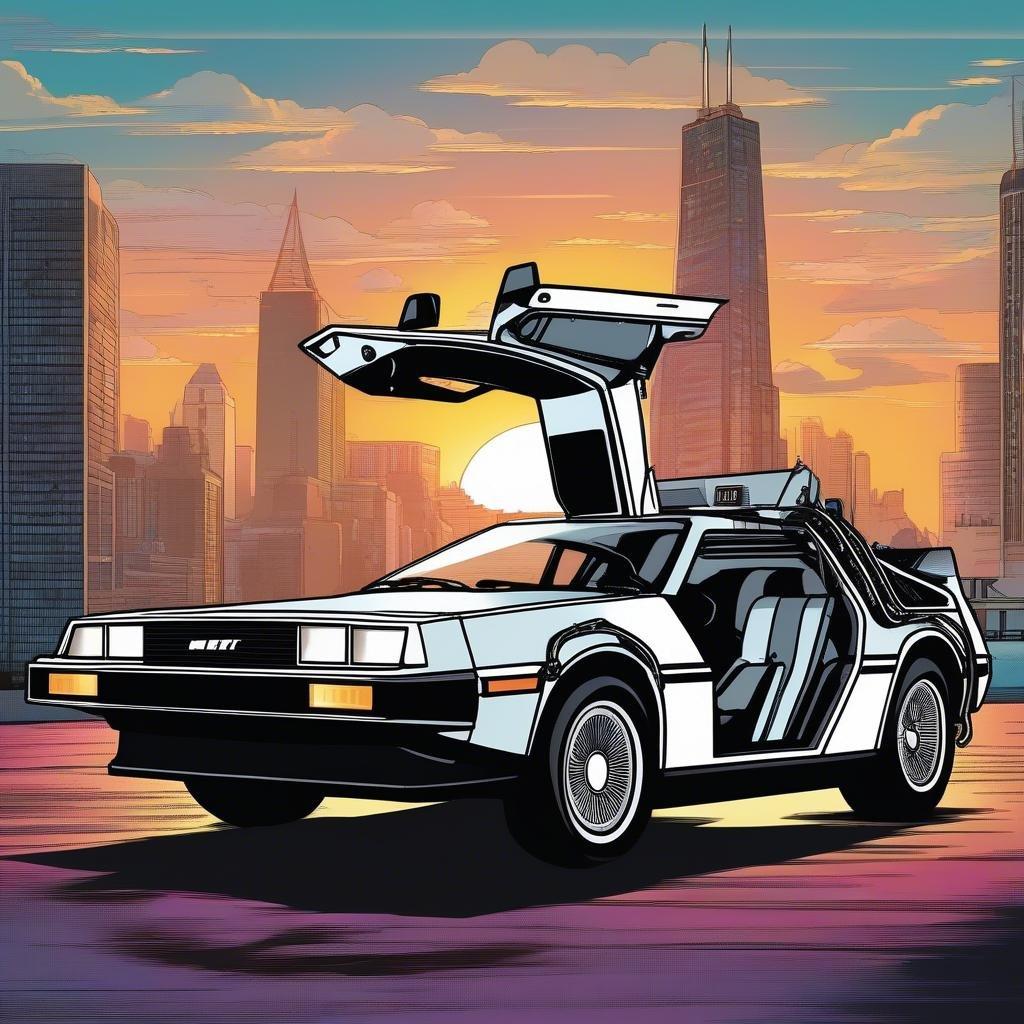 This illustration features a white DeLorean, the iconic car from the 'Back to the Future' movie series. The vehicle is depicted in a futuristic setting with city buildings and an open sky, evoking a sense of adventure and the excitement of traveling through time.