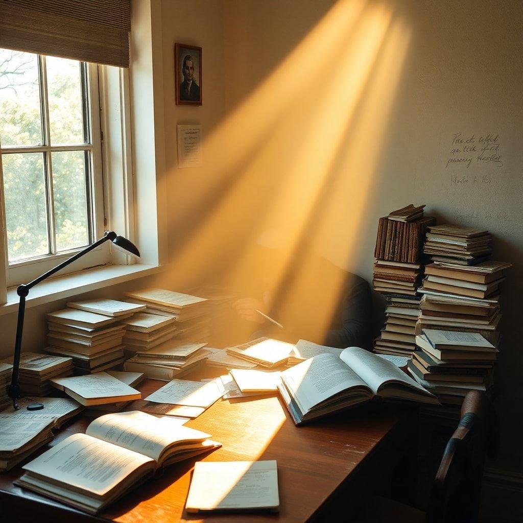 This image is perfect for those who love to read and study. The cluttered desk with books and a lamp creates a cozy and inviting atmosphere, while the sunlight streaming through the window adds a touch of warmth and natural beauty.