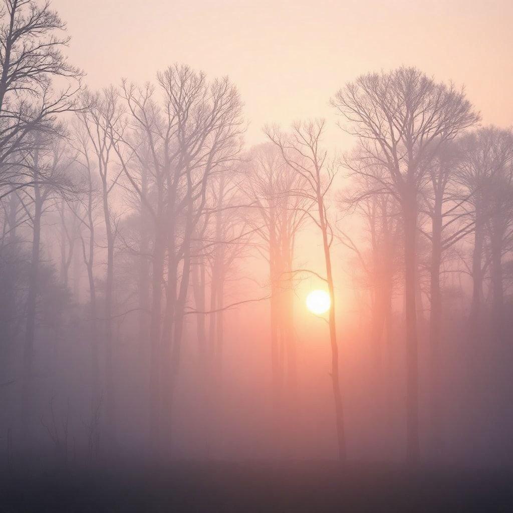 A minimalistic tranquil scene with the sun setting through a foggy forest, evoking an atmosphere of peace and serenity.