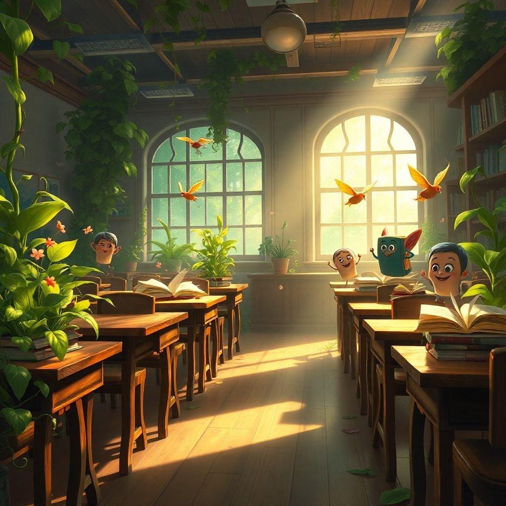 A lively classroom scene where young students are engaged in learning activities. The room is filled with natural light, casting a warm glow that highlights the children's cheerful expressions and the vibrant plants in the background.