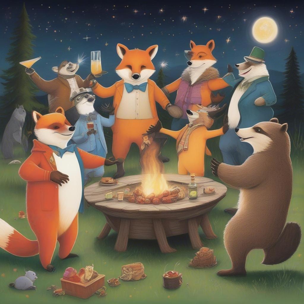 This vibrant wallpaper features a lively scene of foxes gathered around a campfire, enjoying each other's company and the warmth of the flames. The image is a delightful representation of friendship and camaraderie, perfect for brightening up any room.