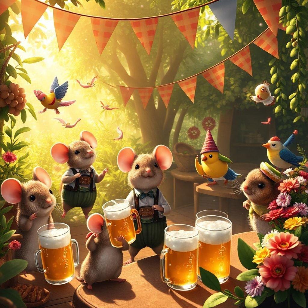 A lively scene at an outdoor Oktoberfest celebration, where mice are enjoying beer and company with a cheerful atmosphere.