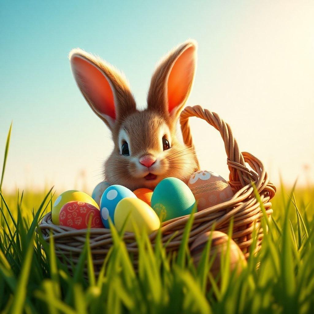 Scène lumineuse et joyeuse d'un adorable lapin profitant d'un panier plein d'œufs colorés, parfait pour les festivités de Pâques.